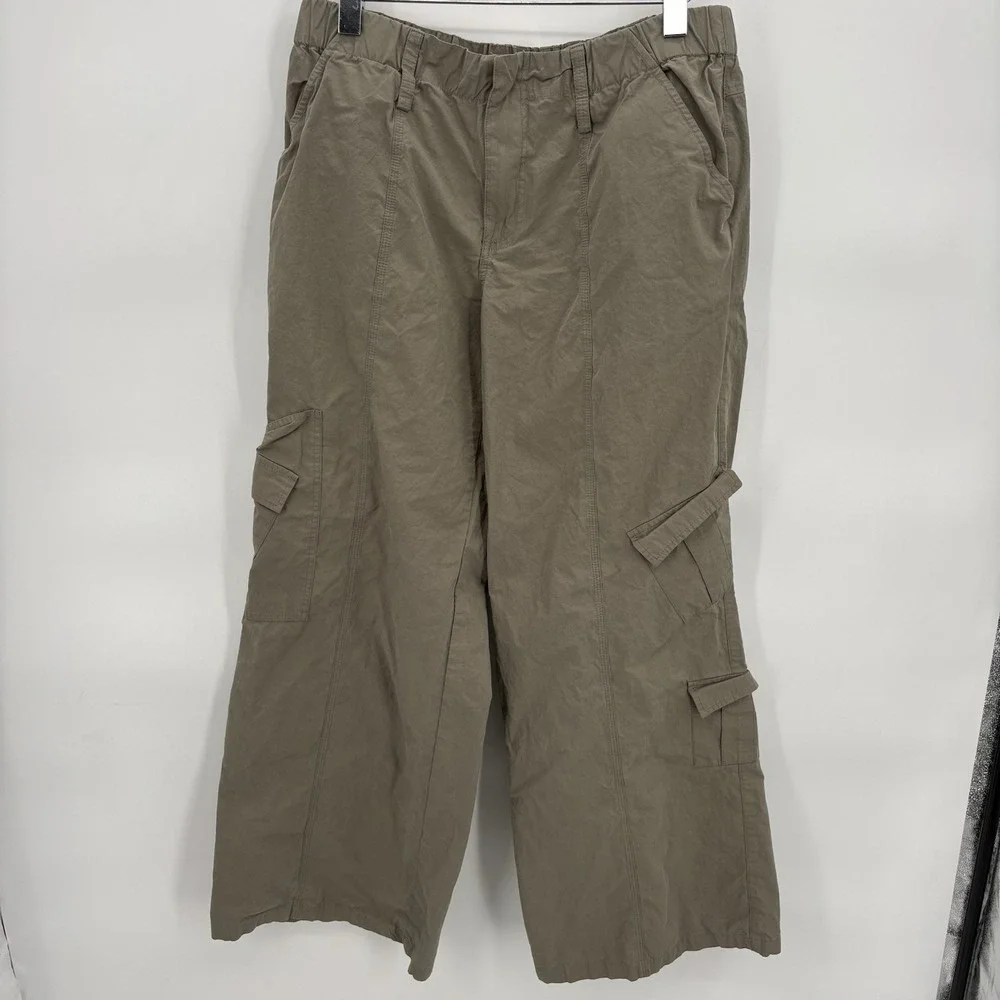 ELODIE Womens Pants Natural Olive Grn Wide‎ Leg Cargo Trousers SIZE Large 33-36
